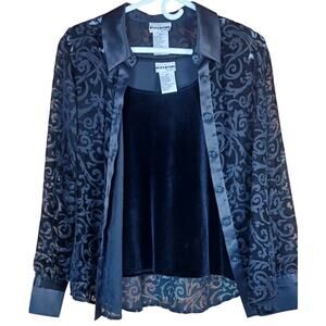 VTG 90s Black Velvet Tank & Burnout Jacket Set  Size 12P Whimsigoth Romantic